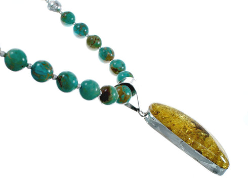 Native American Turquoise and Amber Bead Sterling Silver Necklace JX129245